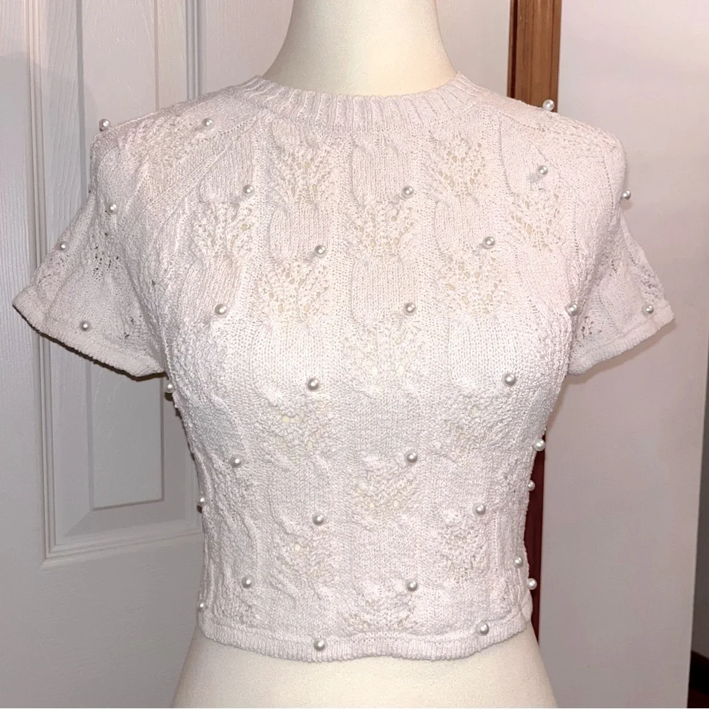 Zara Open Back Pearl Embellished Knit Crop Short Sleeve Top - Picture 4 of 11
